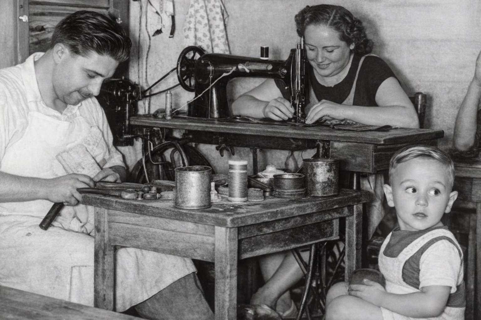 Black and white photo of JONI Shoes founders José Ibáñez and María Latorre working in their shoemaking workshop, with their son José Ibáñez Latorre sitting beside them.